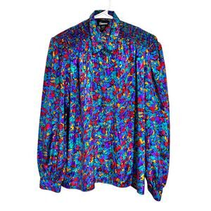 Vintage 90's Blouse Bright Colorful Long Sleeve Button Down Dress Shirt 14 Large